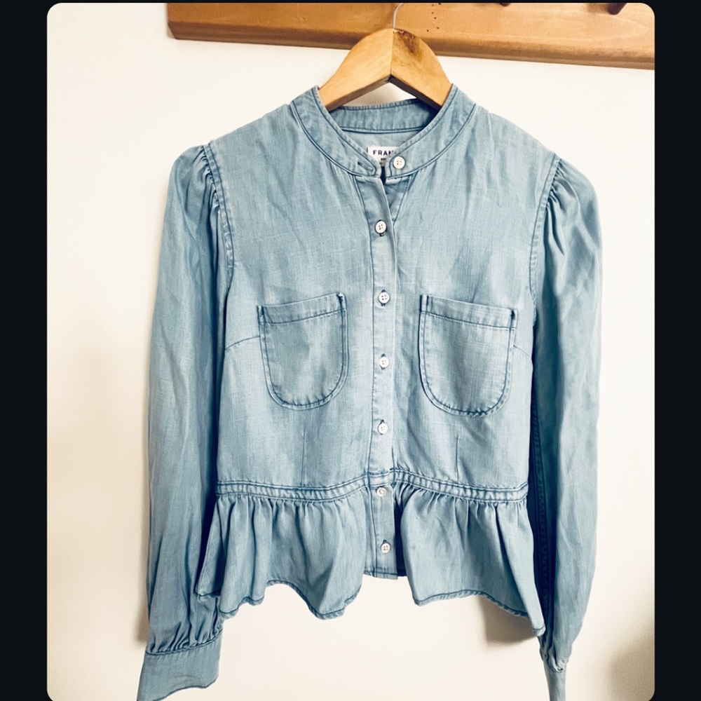 FRAME ROWAN PALE BLUE DENIM PEPLUM  FRILL HEM LONG SLEEVED TOP SIZE S